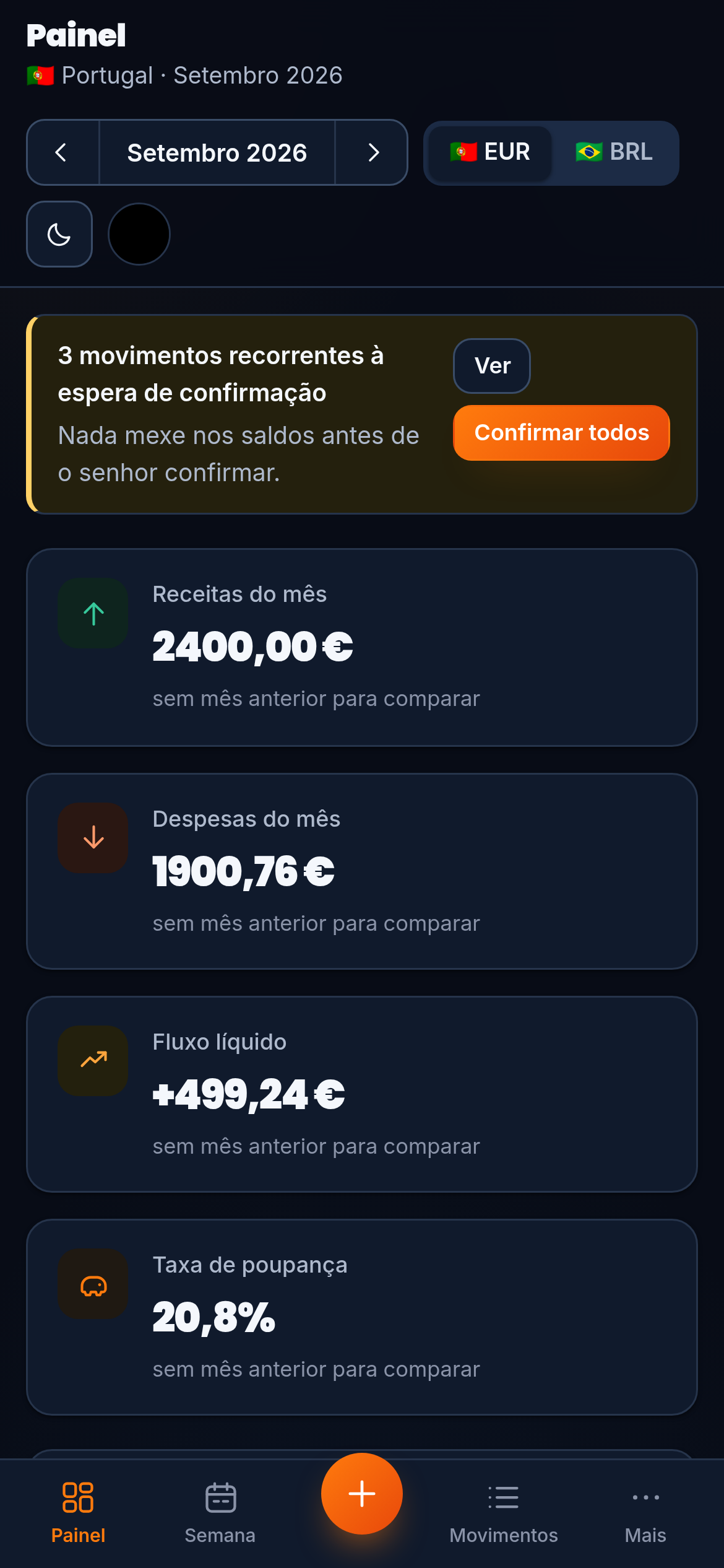 O painel do Sim360Family no telemóvel